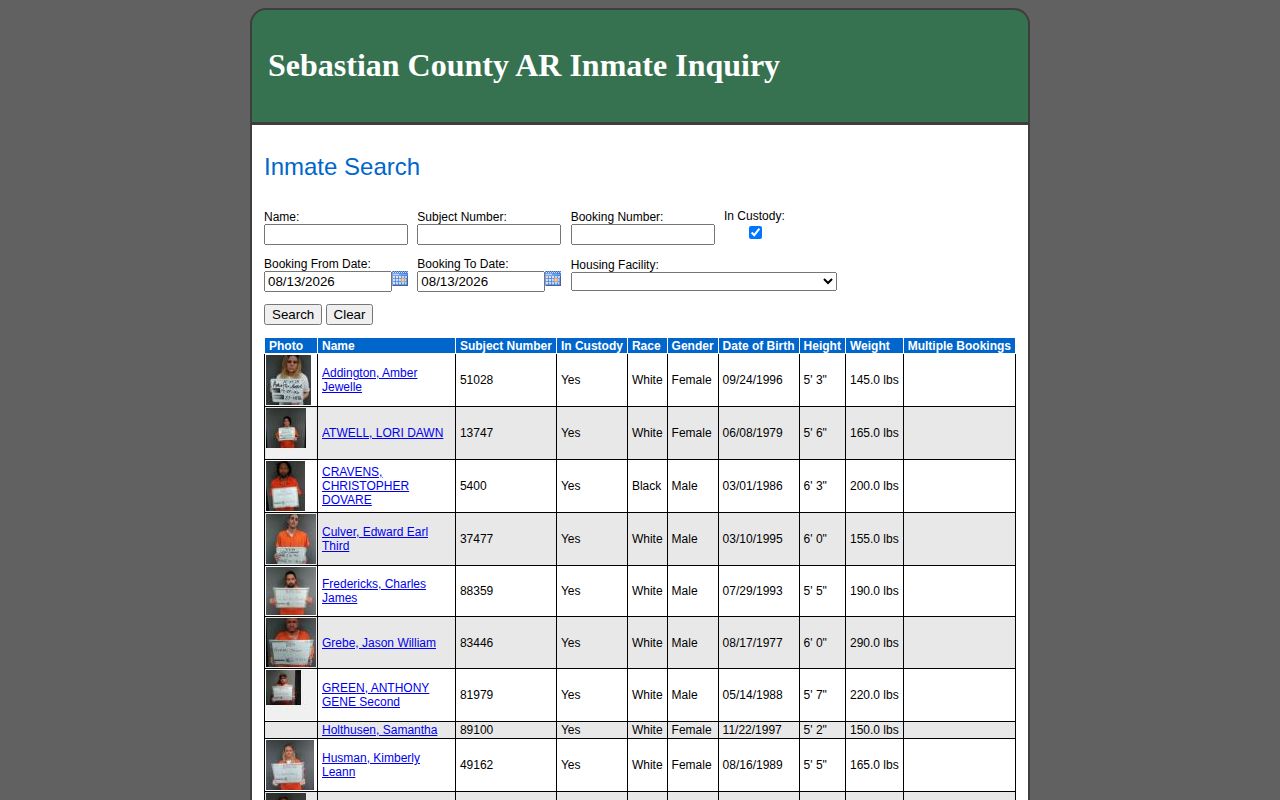 Sebastian County recent booking date search and roster fields