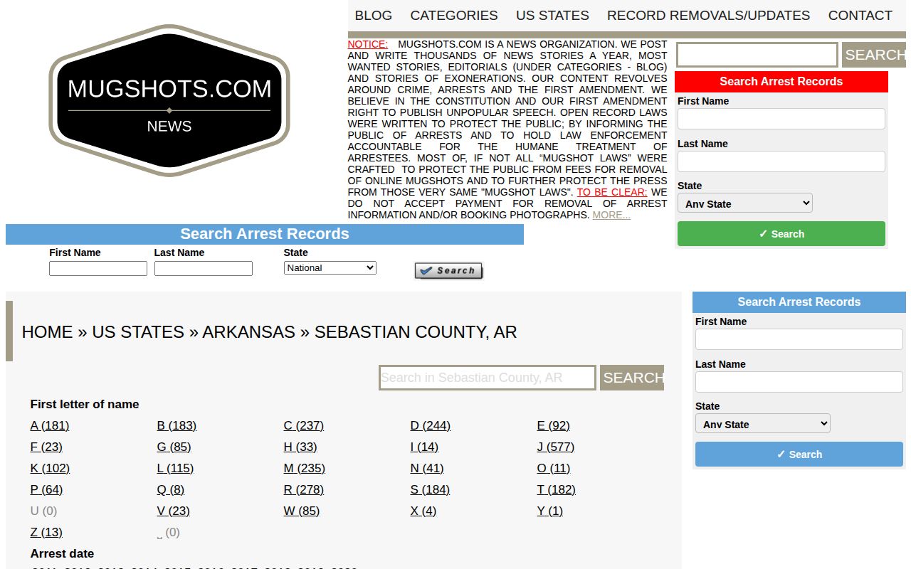Mugshots.com unofficial Sebastian County booking archive landing page