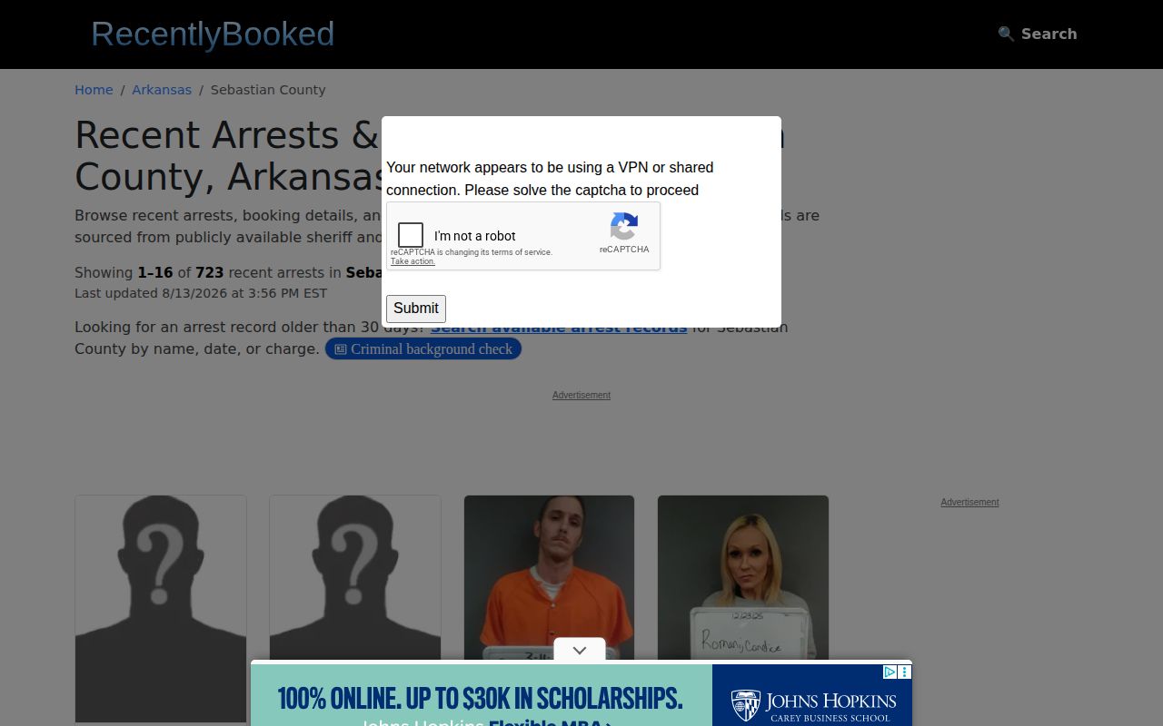 Recently Booked unofficial Sebastian County arrest landing feed